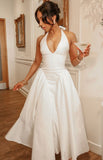 Tineit Vintage A line Halter White Satin Evening Dress Ankle Length Prom Dresses BD  (PRE-ORDER)