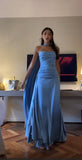 Tineit Vintage A line Strapless Blue Satin Evening Dress Prom Dresses Long Birthday Outfits BD  (PRE-ORDER)