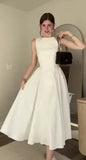 Tineit Vintage A line Scoop Neckline White Satin Evening Dress Ankle Length Prom Dresses BD  (PRE-ORDER)