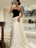 Tineit Modest A line Strapless Black Sleeveless Prom Dress Formal Evening Dresses BD  (PRE-ORDER)