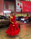 Tineit Pretty Ball Gown One Shoulder Red Tulle Ruffles Evening Dress Prom Dresses BD  (PRE-ORDER)