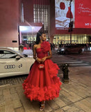 Tineit Pretty Ball Gown One Shoulder Red Tulle Ruffles Evening Dress Prom Dresses BD  (PRE-ORDER)