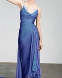 Tineit Pretty A line Spaghetti Straps Blue Chiffon Long Evening Dress Floor Length Prom Dresses BD  (PRE-ORDER)