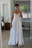 Tineit Simple A line Spaghetti Straps White Sleeveless Long Prom Dress Formal Evening Dresses BD  (PRE-ORDER)