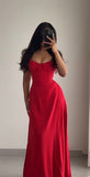 Tineit Simple A line Spaghetti Straps Red Sleeveless Long Prom Dress Formal Evening Dresses BD  (PRE-ORDER)