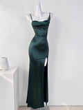 Tineit Sexy Mermaid Sleeveless Green Satin Long Prom Dress B  (PRE-ORDER)