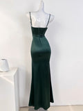 Tineit Sexy Mermaid Sleeveless Green Satin Long Prom Dress B  (PRE-ORDER)