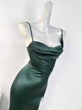 Tineit Sexy Mermaid Sleeveless Green Satin Long Prom Dress B  (PRE-ORDER)