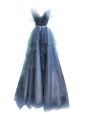 Tineit Elegant Ball Gown Straps Long Tulle Blue Prom Dress B  (PRE-ORDER)