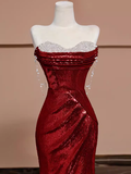 Tineit Sexy Mermaid Burgundy Sequin Long Prom Dress B  (PRE-ORDER)