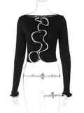 Tineit Elegant Lace Up Cardigan Women's Navel Cut Out Sexy Long Sleeve Ruffled Short Hot Girl Slim Fit Outwear Top Fall Fashion