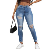 Tineit Women Jeans Holes Pencil Pants Washing Denim Pockets Sexy Sheath High Waist Slim Fit Zipper Fly Ankle Length Basics 2024