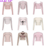 Tineit Y2K Sweet Pink Lace Trim Long Sleeve Corset Crop Tops Korean Style Cute Aesthetic Slim T-Shirt Women Basic Tees Autumn Pullovers