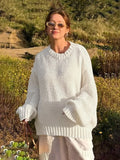 Tineit White Loose Lazy Sweater Women's Thin Long-Sleeved Pullover Knitted Top Hollow Out Fashion Autumn Female Casual Knitwear