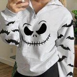 Tineit Joskka Halloween Smiling Face Bat Print Women Sweatshirt Zipper Lapel Top Autumn Long Sleeve Fashion Casual Halloween Sweatshirt