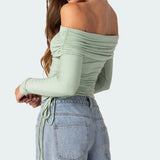 Tineit 90s Vintage Backless Ruched Tie Up T-shirt Chic Women Drawstring Off Shoulder Crop Top Elegant Lady Long Sleeve Slim Fit Tees