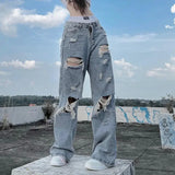 Tineit Streetwear Straight Pants Ladies Ripped Jeans Mid Waist Loose Wide Leg Pants Ladies Jeans Y2K Summer High Street  Cargo Pants