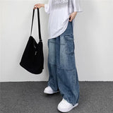 Tineit Y2k Vintage Baggy Jeans for Women Autumn Loose Pockets Elastic Waist Denim Wide Leg Pants Japanese Streetwear Trousers