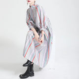 Tineit  Vintage Hit Color Stripes Puff Sleeve Woman Dress Spring New Chic Button Design Dresses Fashion Elegant Temperament Vestidos