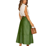 Tineit Women Skirt Sets Long Skirts High Waist Sleeveless Stand Collar Shirts Solid Slim Fit Pocket A Line Elegant Summer 2024