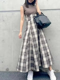 Tineit  Hit Color Plaid Vestidos Japanese Women 2025 Vestido High Waist Dresses O Neck Sleeveless Dress Spring Autumn New Clothing