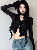 Tineit Sexy See Through Blouses Women Summer Flare Sleeve Black Mesh Crop Top Korean Fashion Irregular Ruffles Shirts Y2k Streetwear