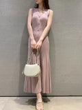 Tineit  V-neck Sleeveless Vestidos Mujer Single Breasted Dress High Waist Vestido Elegant 2025 Woman Dresses Summer Knitted Robes