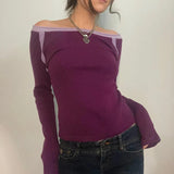 Tineit Chic Women Fairycore Grunge Aesthetic Tees Indie Cute 00s Vintage Purple T Shirt Y2K Knit Ribbed Long Sleeve Tops Korean Fashion