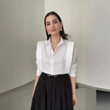 Tineit Two Piece Skirt Set Women Shirts Turndown Collar Blouses Long Skirts Solid Colour Suit Temperament Sets Office Lady Outfits