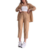 Tineit Pant Sets Women Solid Two Pieces Set Long Sleeve Cropped Button Shirt Loose Wide Leg Trouser Work Sporty Suits Y2k Streetwear