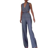 Tineit Women Two Piece Pant Sets Slim Fit Sleeveless Vest V Neck High Waist Pants Pockets Solid Regular Elegant Splice Summer