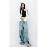 Tineit American Retro High Waist Oversized Jeans For Women Casual Baggy Y2K Wide Leg Pants Grunge Streetwear Blue Denim Trouser