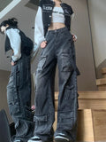 Tineit New Multi-pocket High Street American Tooling Wide-leg Jeans Female Y2K Street Punk Style Loose Street Brand Washing Old Pants