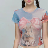 Tineit Y2K White Letter Kitty Printed Short Sleeve Crop Top for Women Sexy See Through Cute Fashion T Shirts Summer Tees Streetwear