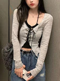 Tineit Two Pieces Sets T-shirt Women Spring Summer Long Sleeve Lace-up Crop Top Korean Fashion Preppy Style Slim Tops Tees Y2k Clothes