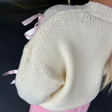 Tineit Vintage Y2K Cottage Knitwear Tops Streetwear Pink Ribbon Bowknot Knitted Sweater Women Girl Autumn Winter Long Sleeve Pullovers