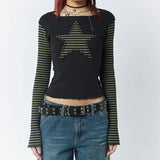 Tineit Gothic Mall Goth Tees y2k Star Patched Striped Long Sleeve T-shirt Harajuku Grunge O Neck Slim Fit Crop Tops Streetwear