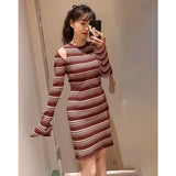 Tineit Hit Color Striped Knit Vestidos Mujer Japan Women 2025 Dresses Off Shoulder Long Sleeve Dress O-neck Vestido Autumn New Robes