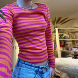 Tineit Vintage Preppy Style Y2K Crop Tops Clothes Cottage Striped Rib Knitted T-shirt Women Long Sleeve Casual Basic Tees Pullovers