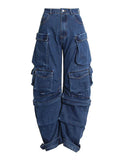 Tineit 2023 New American Multi-pocket Overalls Female Y2K Fashion Trend High Street Retro Heavy Industry Loose Casual Wide-leg Jeans