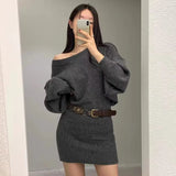 Tineit Sexy Skew Collar Off Shoulder Vestidos Knitted Women 2025 Vestido Bodycon Dresses Bottomed Dress Spring Autumn Ropa Mujer