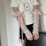 Tineit Lolita Cute Bow Y2K Floral Hollow Out Long Sunscreen Gloves Japanese Style Kawaii Lace Sheer Gloves UV Protection Arm Sleeves