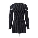 Tineit Vintage Stripe Print Square Neck Long Sleeve A-Line Dress French Kawaii Sweet Bowknot Mini Dress Women Party Night Vestidos