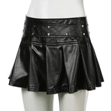 Tineit Y2K Rivet PU Leather Mini Skirt Hot Girl Pleated Skirt Punk Zipper Low Waist Black Party Club Skirt Female Autumn Fashion