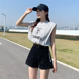 Tineit 2024 American New Summer Loose Denim Shorts Y2K High Street Fashion Trend Slim Ultra-high Waist Wide Leg A Jeans Zipper Shorts