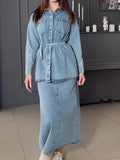 Tineit Two Piece Skirt Sets Women High Waist Long Denim Skirts Button Full Sleeve Splice Jeans Coats Pocket Lace Up Loose Fit