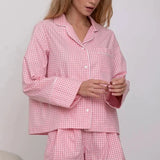 Tineit Women Lounge 2 Piece Set Home Sleepwear Plaid Pajamas Set Vintage Button Up Blouse Long Sleeve T-shirt Tops + Wide Leg Pants