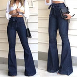 Tineit Women Jeans Solid Color High Waist Flare Pants Zipper Fly Flat Pockets Streetwear Slim Patchwork Button Slight Strech Belt