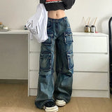 Tineit American Retro New Washed Multi-pocket Jeans Female Y2K High Street Fashion Trend Straight Slim Wide-leg Pants Tide Streetwear