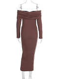 Black Friday Tineit Elegant Brown Knitted Long Dress For Women One-shoulder Ruched Sexy Sweater Dress Slim Plunge Club Party Dress Female